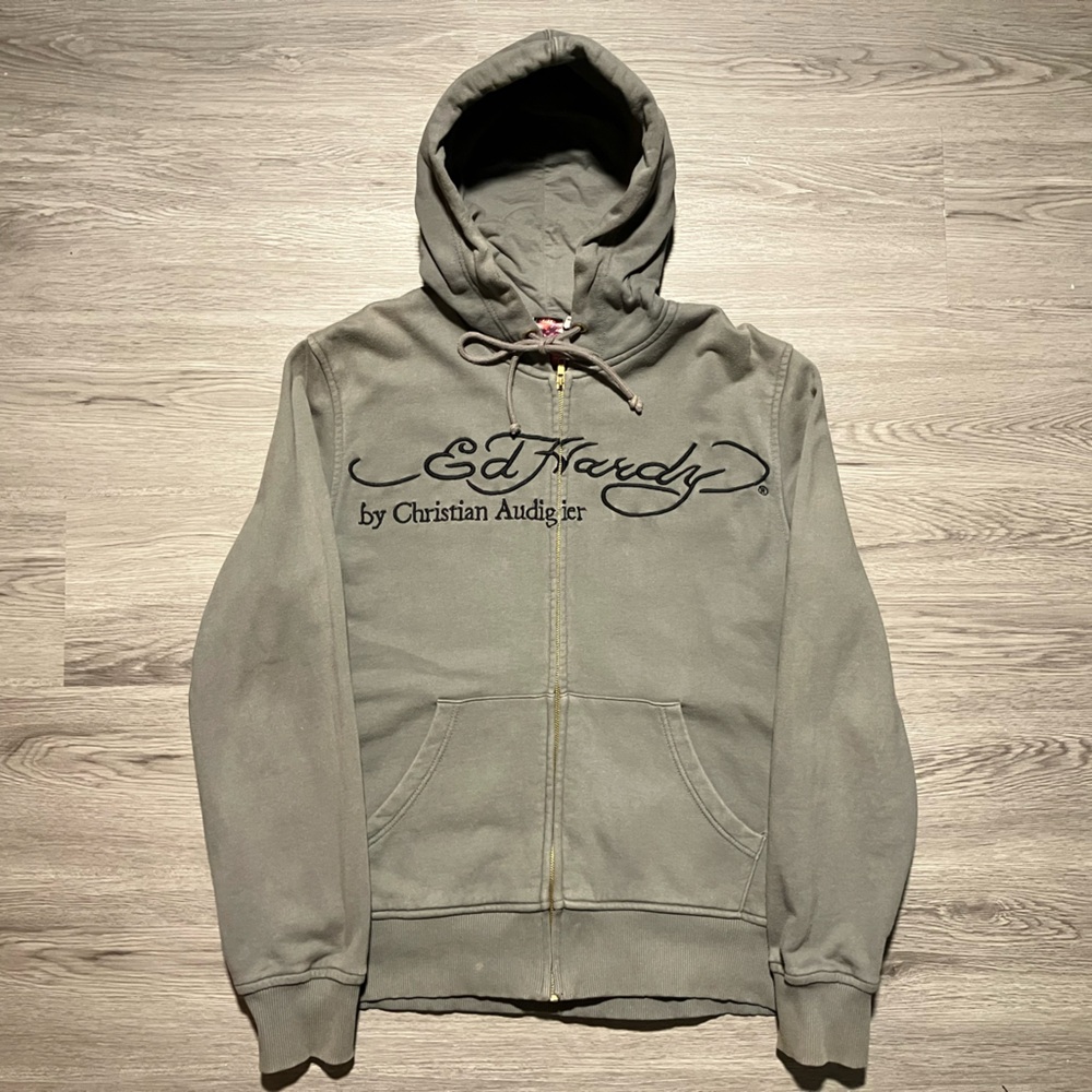 Vintage Don Ed Hardy designs Gray Zip-Up Hoodie crazy fade mens medium